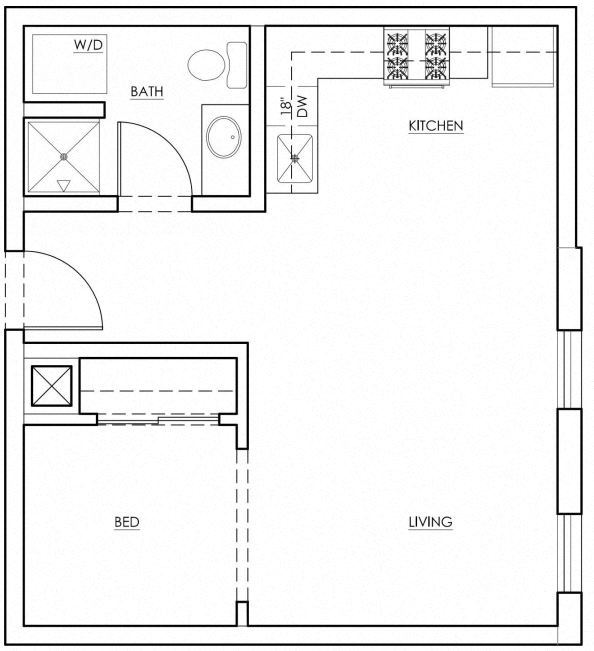 Floor plan for studio, 1 bath, 513 sqft
